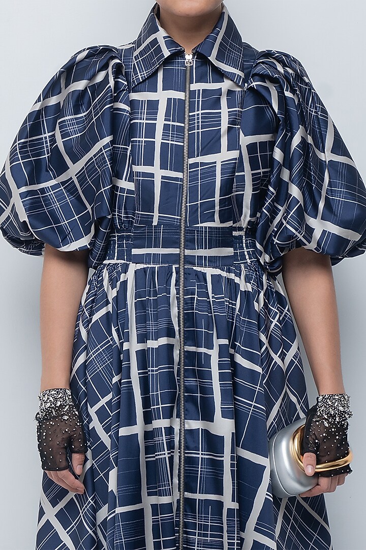 Navy & Beige Taffeta Checkered Vacation Dress by LEH STUDIOS at Pernia's Pop Up Shop