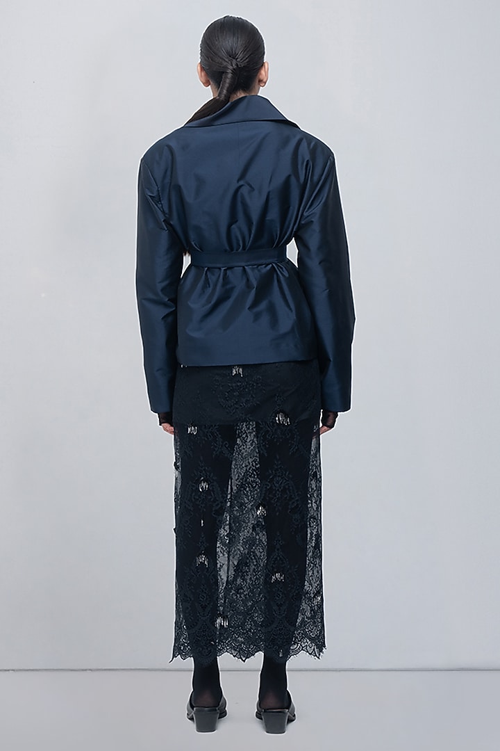 Navy Taffeta & Viscose Polyester Short Trench Jacket by LEH STUDIOS at Pernia's Pop Up Shop