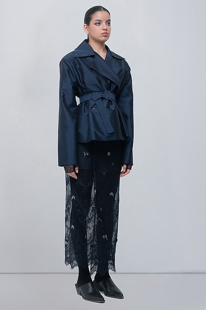 Navy Taffeta & Viscose Polyester Short Trench Jacket by LEH STUDIOS at Pernia's Pop Up Shop