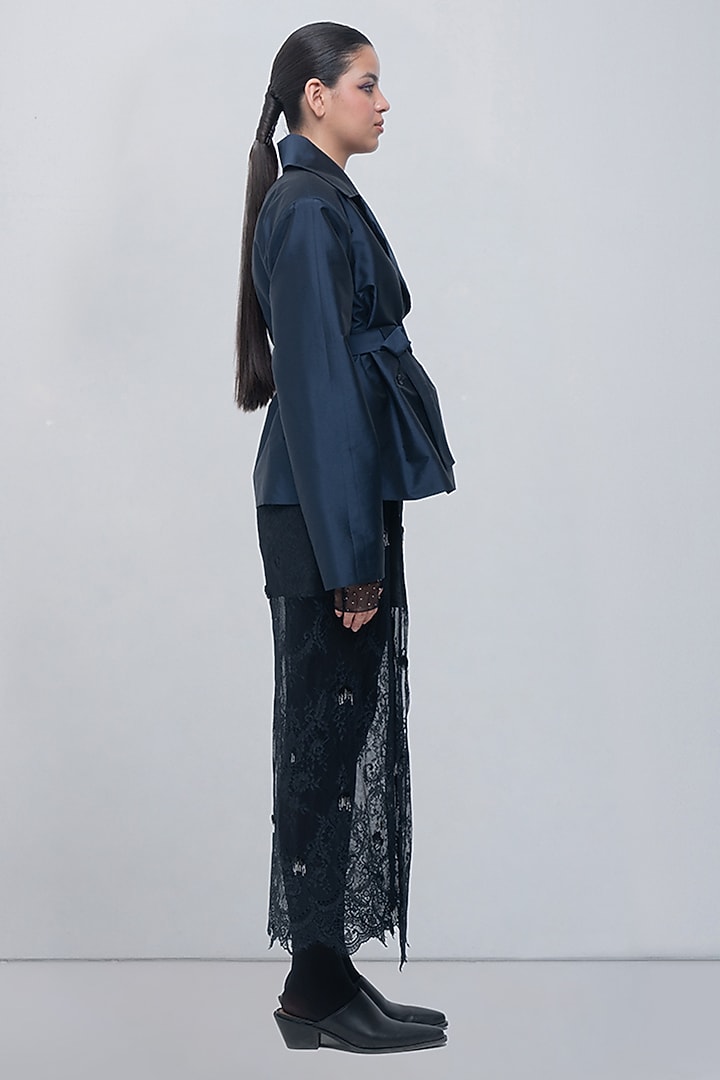 Navy Taffeta & Viscose Polyester Short Trench Jacket by LEH STUDIOS at Pernia's Pop Up Shop