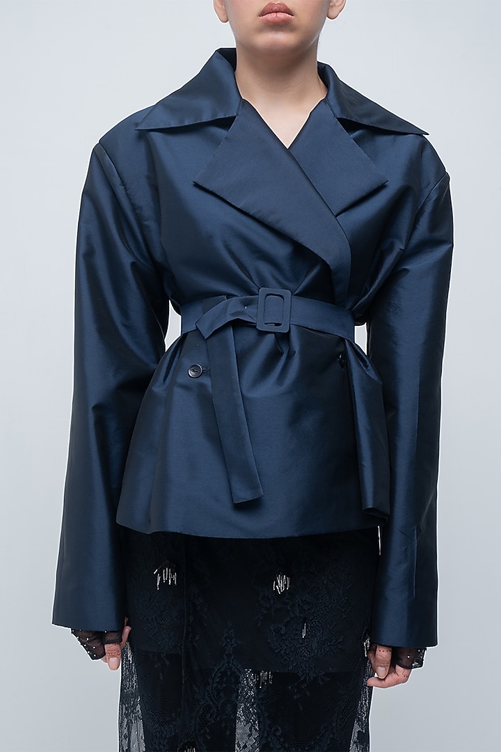 Navy Taffeta & Viscose Polyester Short Trench Jacket by LEH STUDIOS at Pernia's Pop Up Shop