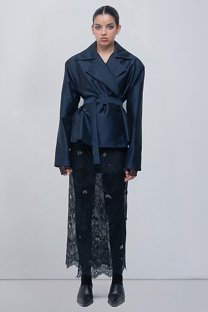 Black Viscose Polyester Lace Embellished Skirt by LEH STUDIOS at Pernia's Pop Up Shop
