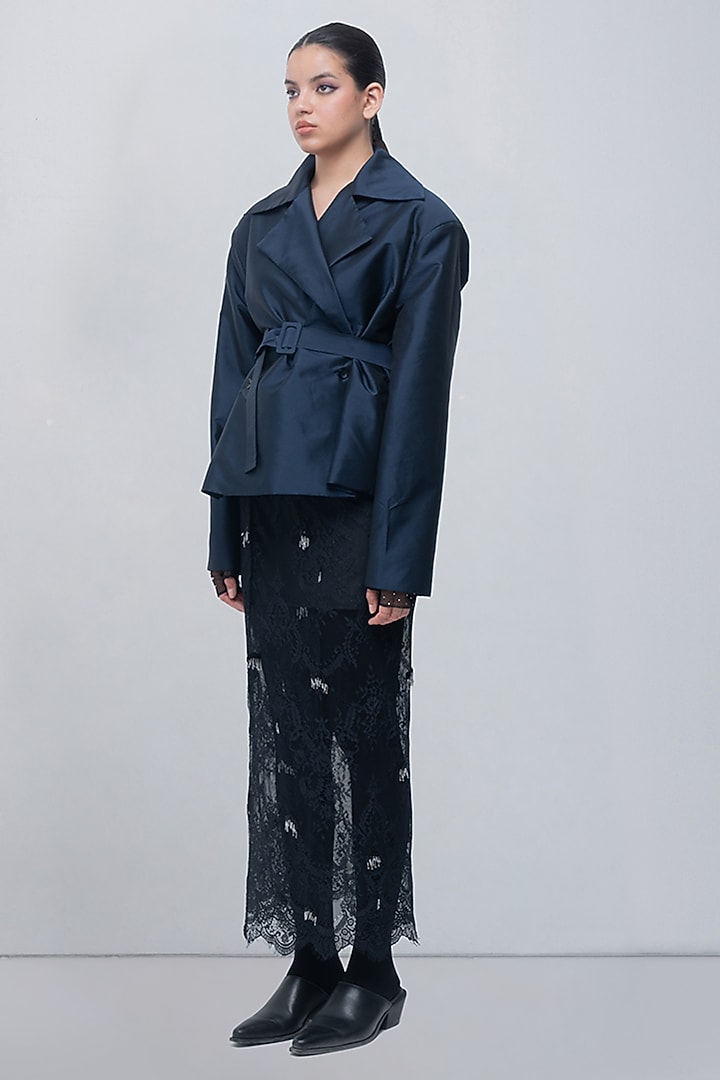 Black Viscose Polyester Lace Embellished Skirt by LEH STUDIOS at Pernia's Pop Up Shop