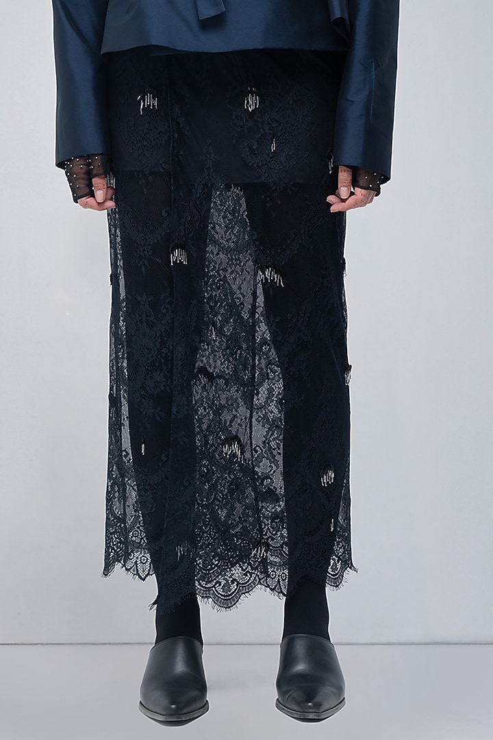 Black Viscose Polyester Lace Embellished Skirt by LEH STUDIOS at Pernia's Pop Up Shop