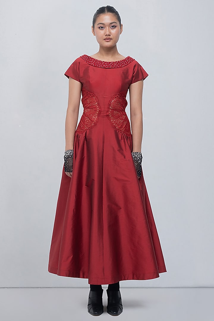 Red Taffeta & Viscose Polyester Cocktail Dress by LEH STUDIOS at Pernia's Pop Up Shop