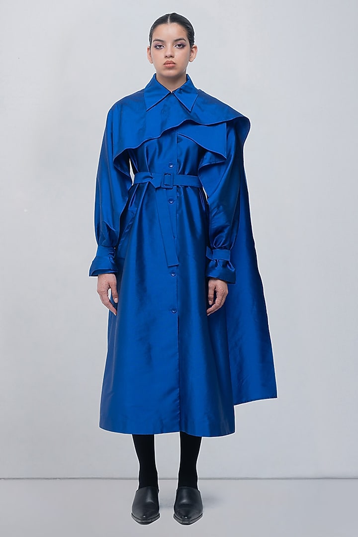 Electric Blue Taffeta & Viscose Polyester Draped Maxi Cocktail Dress by LEH STUDIOS at Pernia's Pop Up Shop