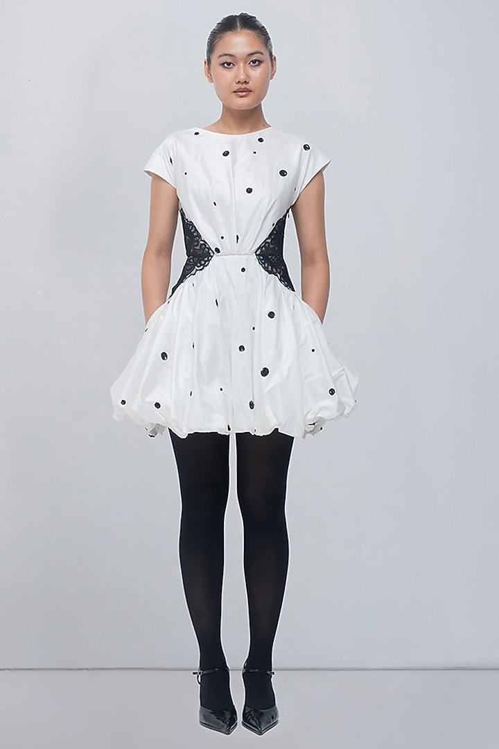 Ivory & Black Viscose Polyester Sequin Embroidered Mini Cocktail Dress by LEH STUDIOS at Pernia's Pop Up Shop