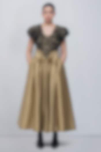 Golden & Black Taffeta Pleated Maxi Cocktail Dress by LEH STUDIOS at Pernia's Pop Up Shop