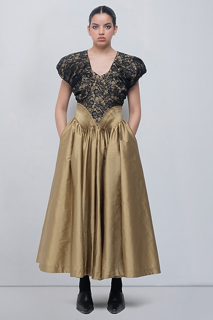 Golden & Black Taffeta Pleated Maxi Cocktail Dress by LEH STUDIOS at Pernia's Pop Up Shop