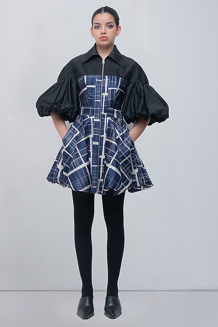 Black & Navy Blue Taffeta Checkered Mini Vacation Dress by LEH STUDIOS at Pernia's Pop Up Shop