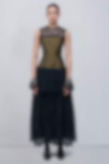 Olive Green & Black Viscose Polyester Maxi Cocktail Dress by LEH STUDIOS at Pernia's Pop Up Shop