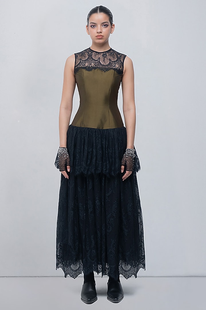Olive Green & Black Viscose Polyester Maxi Cocktail Dress by LEH STUDIOS at Pernia's Pop Up Shop