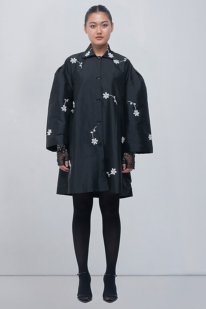 Black Taffeta & Viscose Polyester Floral Embellished Jacket Cocktail Dress by LEH STUDIOS at Pernia's Pop Up Shop