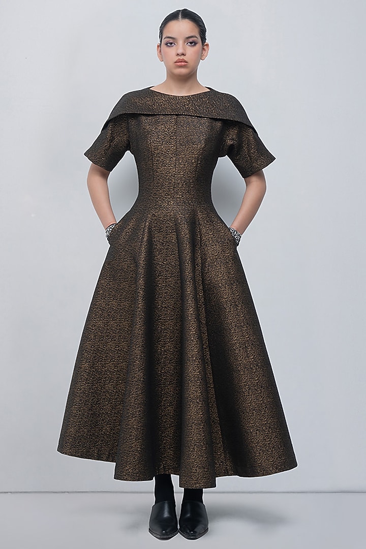 Gold Metallic Jacquard Maxi Cocktail Dress by LEH STUDIOS at Pernia's Pop Up Shop
