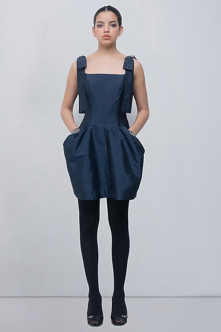Navy Taffeta & Viscose Polyester Embellished Mini Cocktail Dress by LEH STUDIOS at Pernia's Pop Up Shop
