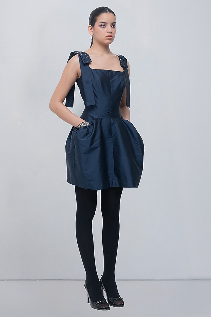 Navy Taffeta & Viscose Polyester Embellished Mini Cocktail Dress by LEH STUDIOS at Pernia's Pop Up Shop