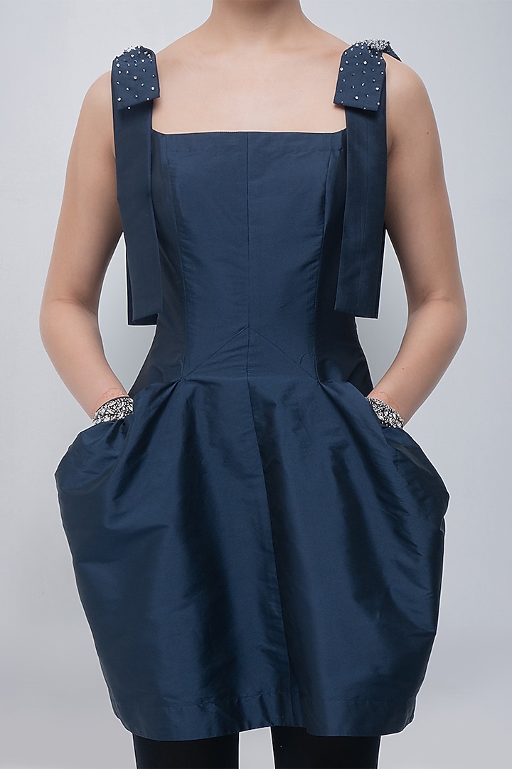 Navy Taffeta & Viscose Polyester Embellished Mini Cocktail Dress by LEH STUDIOS at Pernia's Pop Up Shop