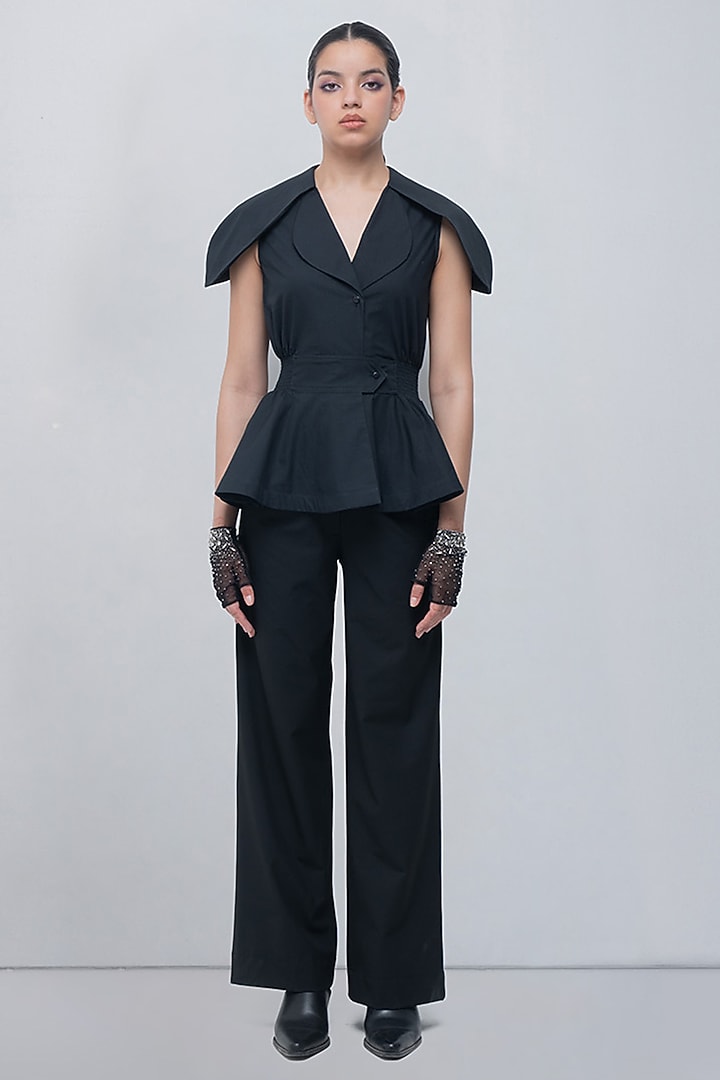 Black Taffeta & Viscose Polyester Structured Top by LEH STUDIOS at Pernia's Pop Up Shop