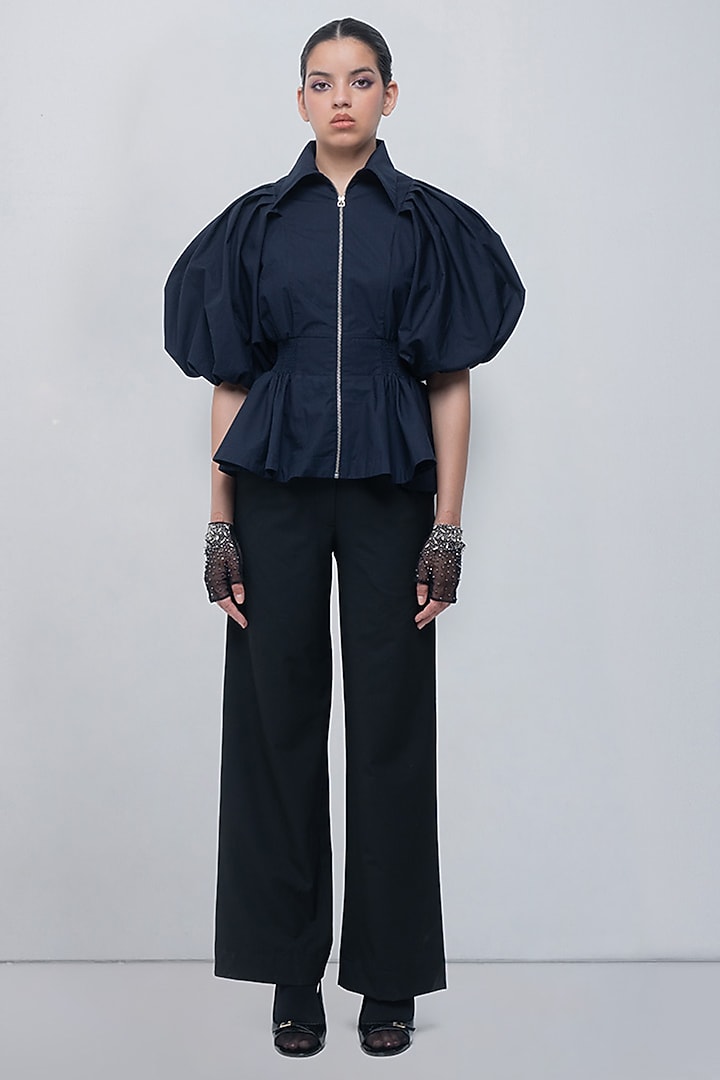 Navy Blue Cotton Collared Top by LEH STUDIOS at Pernia's Pop Up Shop