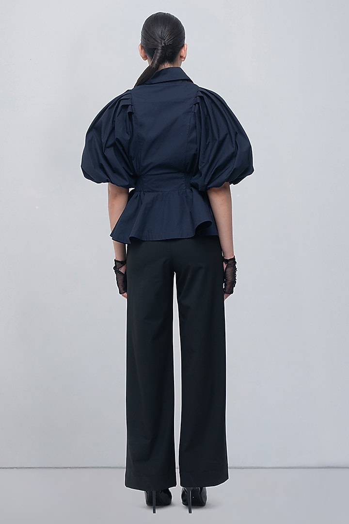 Navy Blue Cotton Collared Top by LEH STUDIOS at Pernia's Pop Up Shop