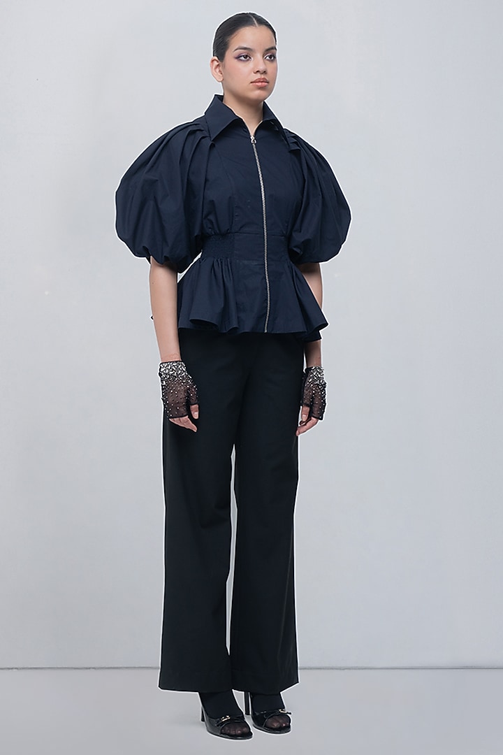 Navy Blue Cotton Collared Top by LEH STUDIOS at Pernia's Pop Up Shop