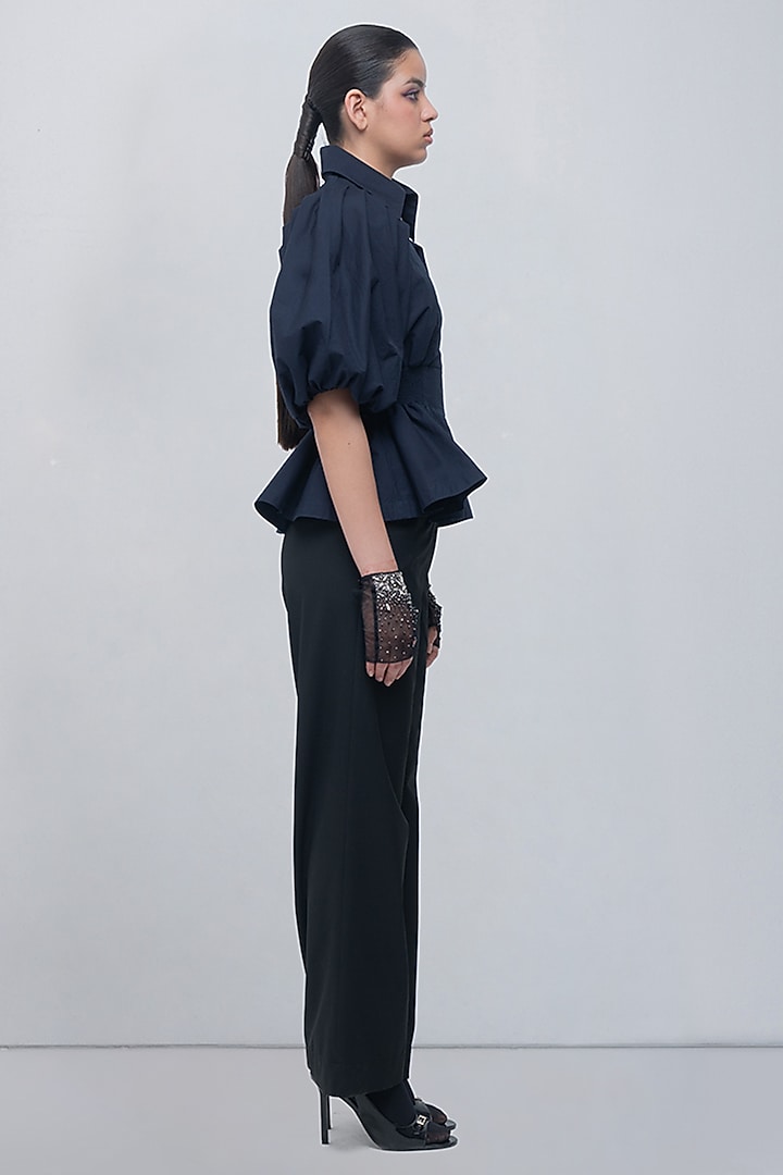 Navy Blue Cotton Collared Top by LEH STUDIOS at Pernia's Pop Up Shop