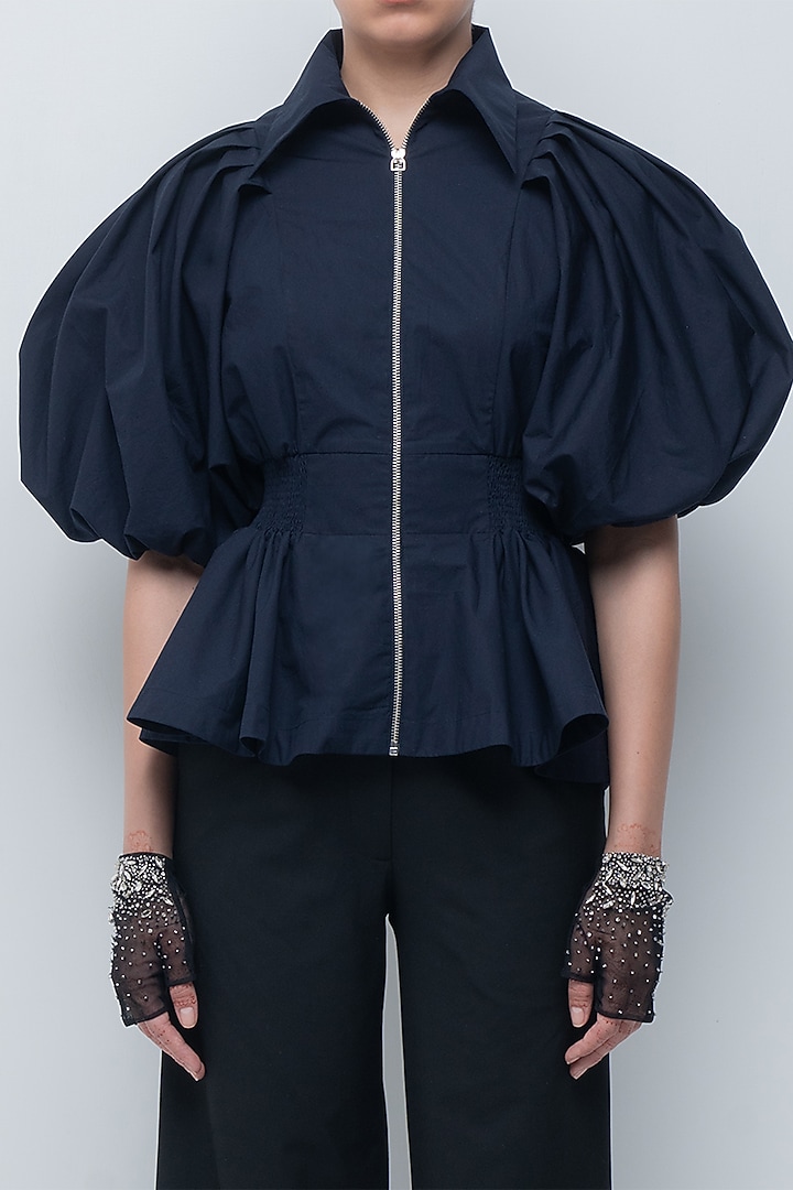 Navy Blue Cotton Collared Top by LEH STUDIOS at Pernia's Pop Up Shop