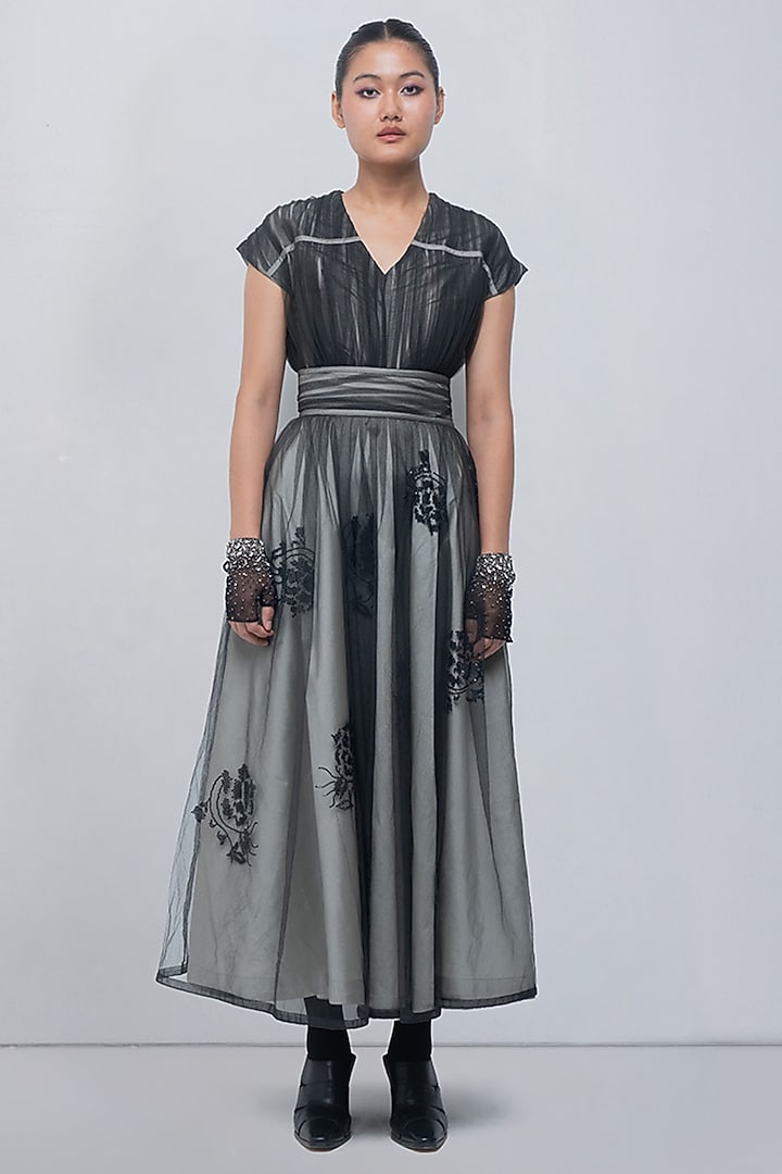 Silver & Black Taffeta Embellished Maxi Party Wear Dress by LEH STUDIOS at Pernia's Pop Up Shop