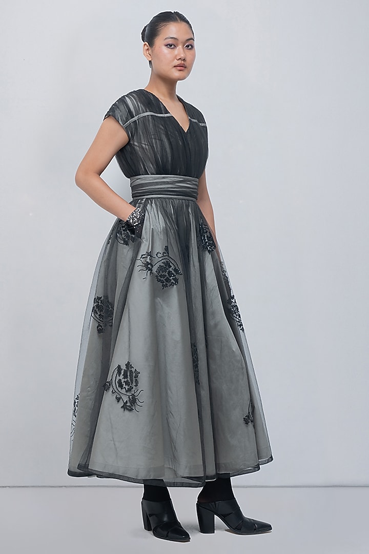 Silver & Black Taffeta Embellished Maxi Party Wear Dress by LEH STUDIOS at Pernia's Pop Up Shop