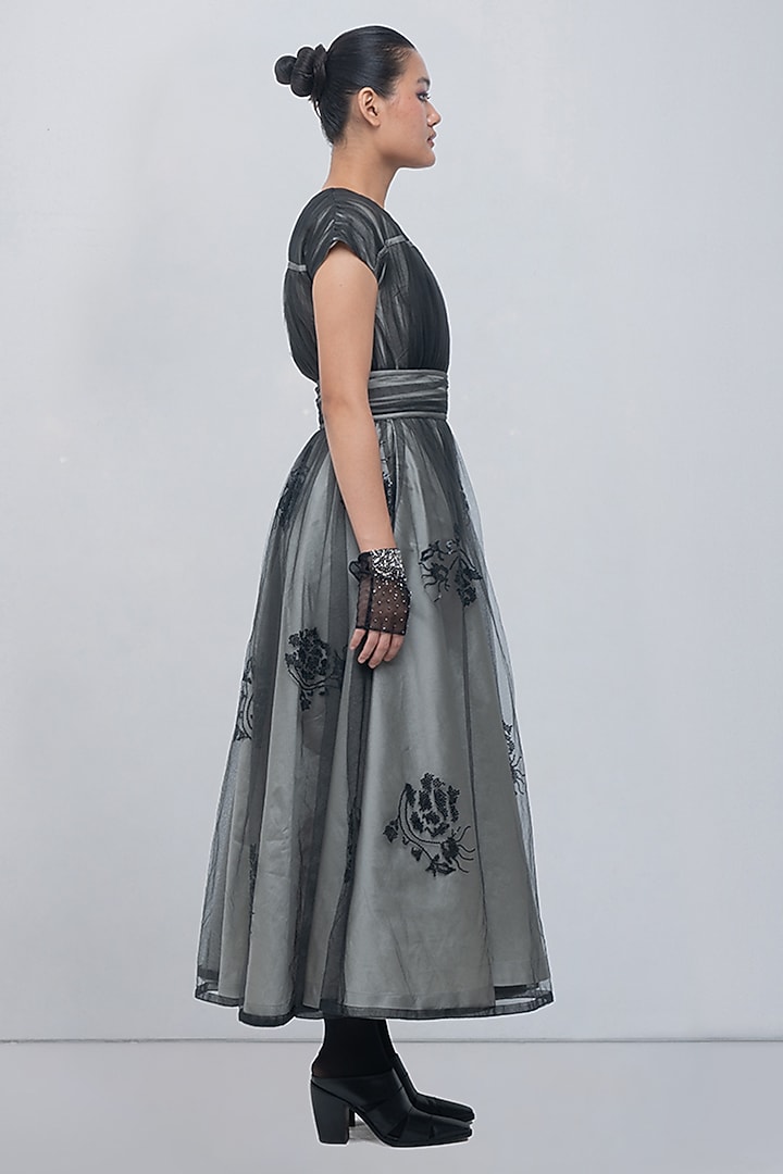 Silver & Black Taffeta Embellished Maxi Party Wear Dress by LEH STUDIOS at Pernia's Pop Up Shop