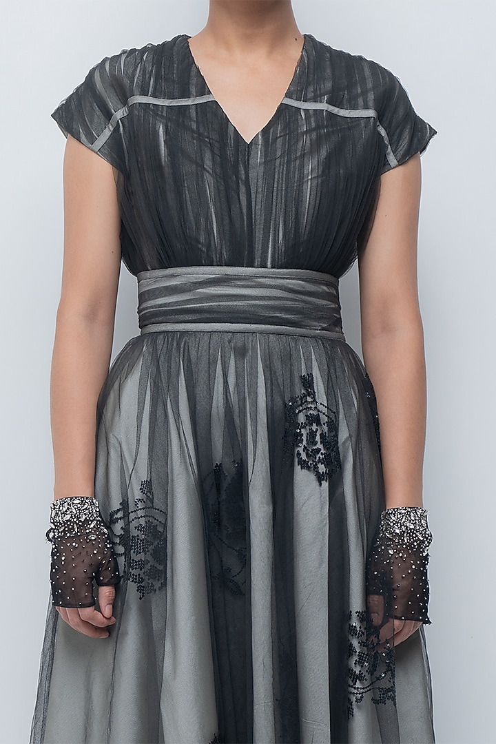 Silver & Black Taffeta Embellished Maxi Party Wear Dress by LEH STUDIOS at Pernia's Pop Up Shop