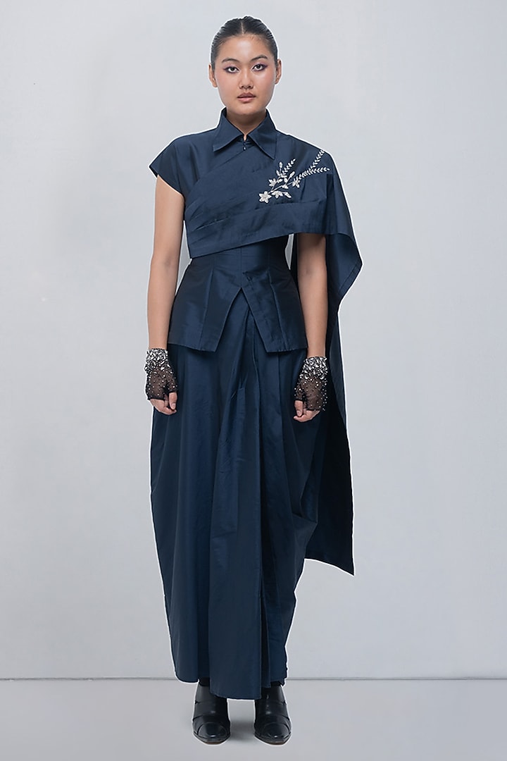 Navy Blue Taffeta & Viscose Polyester Draped Shirt-Style Top by LEH STUDIOS at Pernia's Pop Up Shop