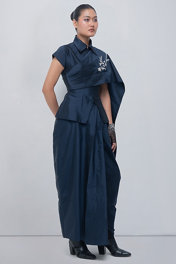 Navy Blue Taffeta & Viscose Polyester Draped Shirt-Style Top by LEH STUDIOS at Pernia's Pop Up Shop