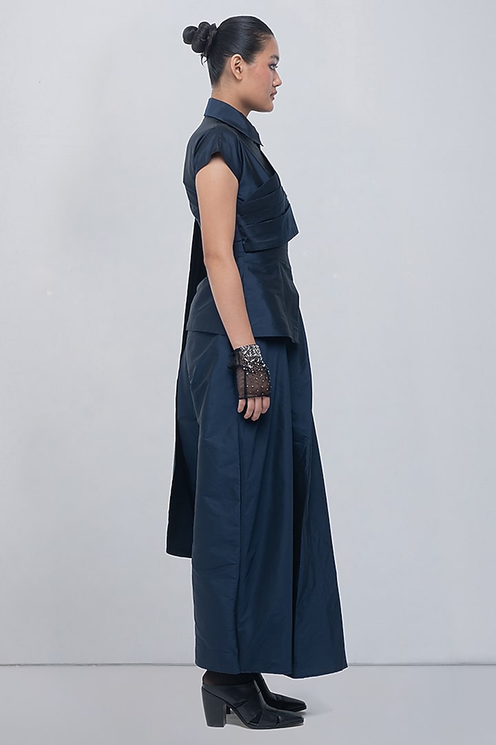 Navy Blue Taffeta & Viscose Polyester Draped Shirt-Style Top by LEH STUDIOS at Pernia's Pop Up Shop