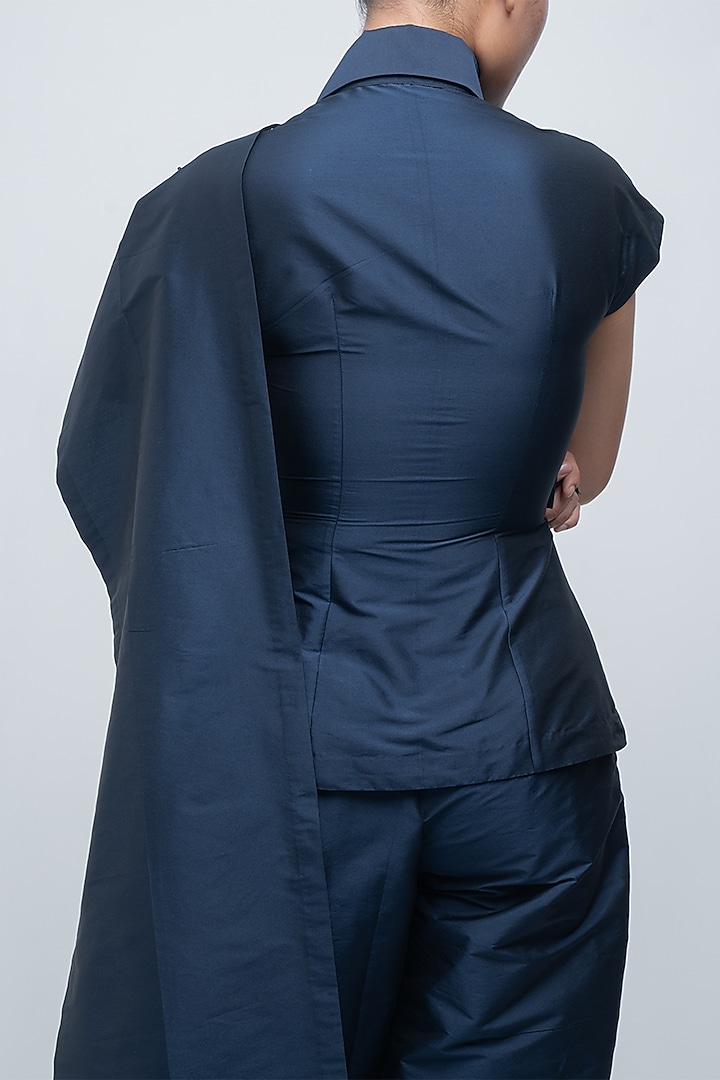 Navy Blue Taffeta & Viscose Polyester Draped Shirt-Style Top by LEH STUDIOS at Pernia's Pop Up Shop