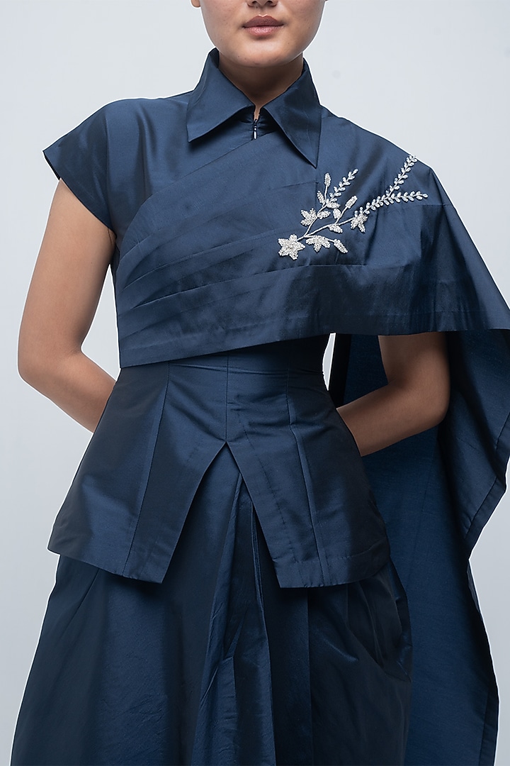 Navy Blue Taffeta & Viscose Polyester Draped Shirt-Style Top by LEH STUDIOS at Pernia's Pop Up Shop