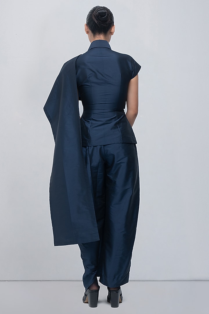 Navy Blue Taffeta & Viscose Polyester Dhoti Trousers by LEH STUDIOS at Pernia's Pop Up Shop
