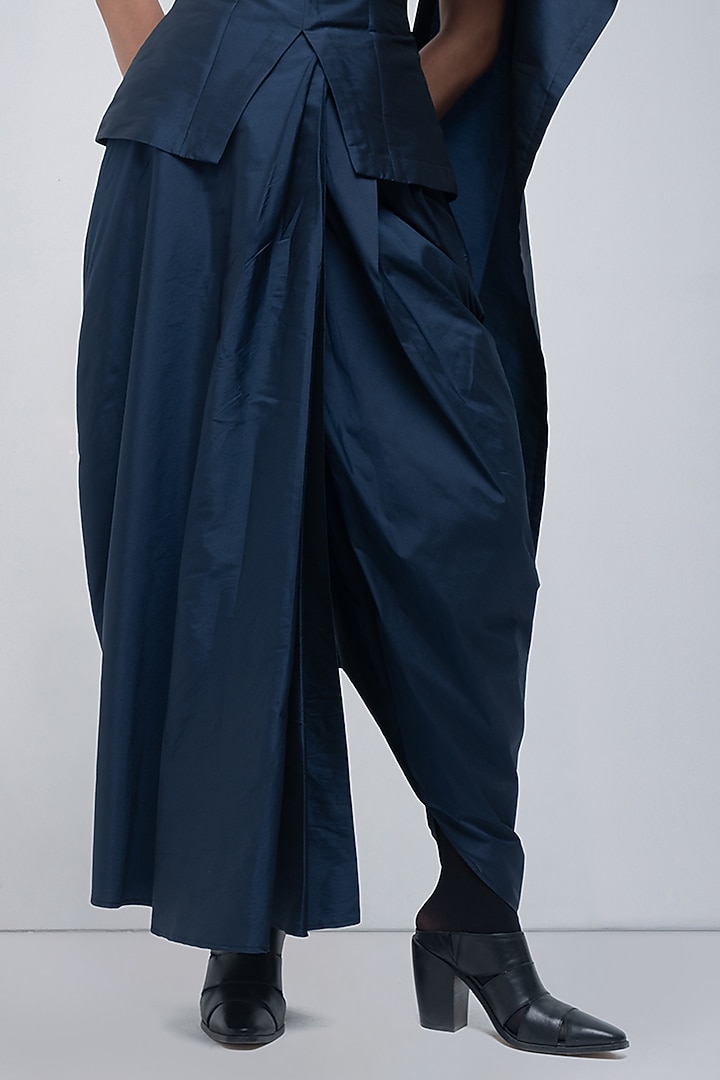 Navy Blue Taffeta & Viscose Polyester Dhoti Trousers by LEH STUDIOS at Pernia's Pop Up Shop