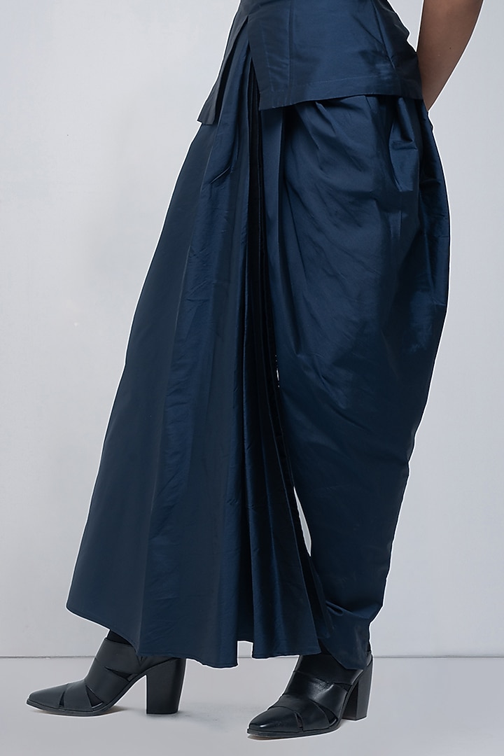 Navy Blue Taffeta & Viscose Polyester Dhoti Trousers by LEH STUDIOS at Pernia's Pop Up Shop
