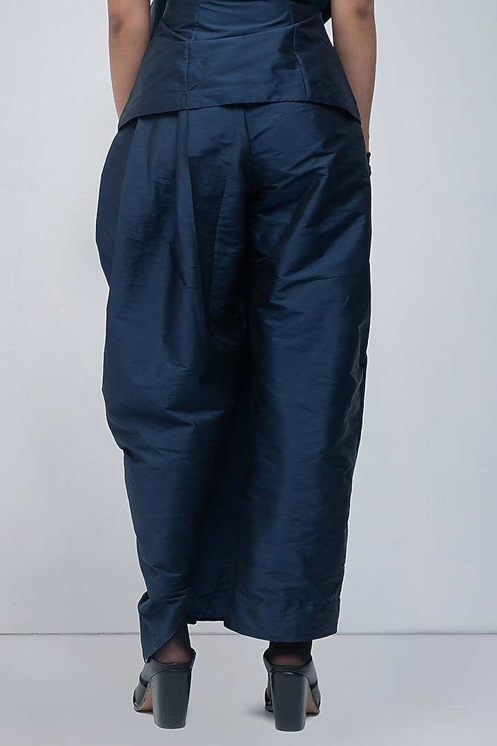 Navy Blue Taffeta & Viscose Polyester Dhoti Trousers by LEH STUDIOS at Pernia's Pop Up Shop