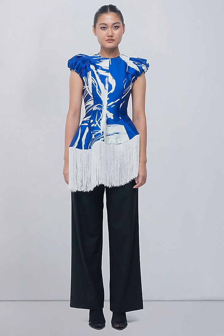 Ivory & Electric Blue Taffeta Brushstroke Printed Asymmetric Top by LEH STUDIOS at Pernia's Pop Up Shop