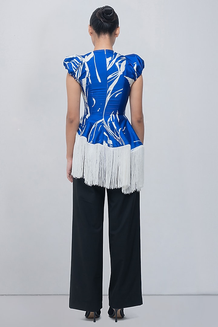 Ivory & Electric Blue Taffeta Brushstroke Printed Asymmetric Top by LEH STUDIOS at Pernia's Pop Up Shop