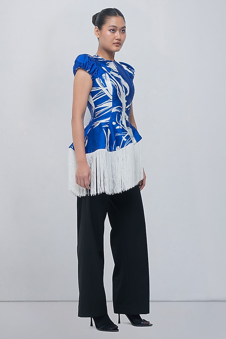 Ivory & Electric Blue Taffeta Brushstroke Printed Asymmetric Top by LEH STUDIOS at Pernia's Pop Up Shop