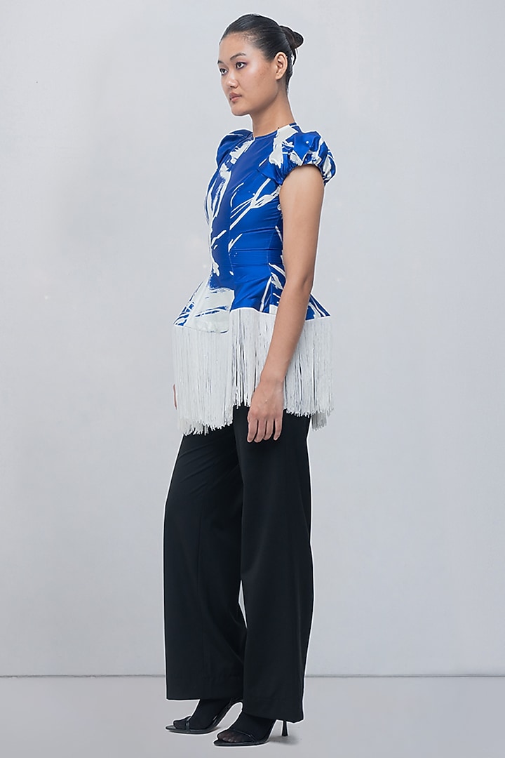 Ivory & Electric Blue Taffeta Brushstroke Printed Asymmetric Top by LEH STUDIOS at Pernia's Pop Up Shop