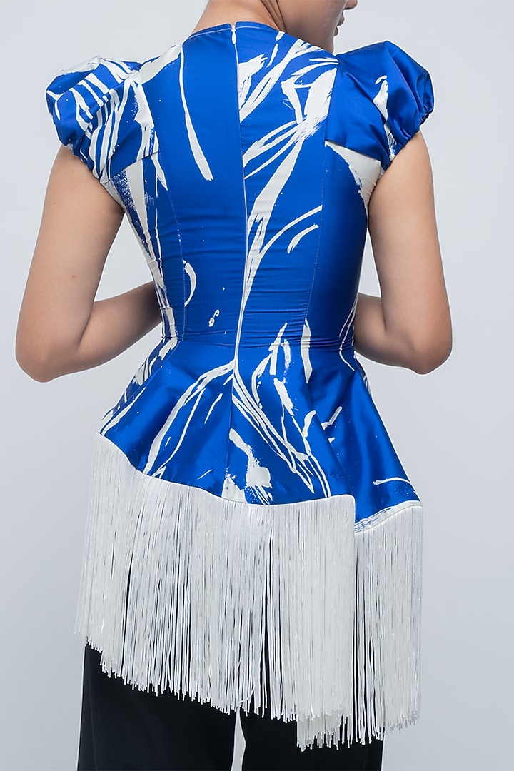 Ivory & Electric Blue Taffeta Brushstroke Printed Asymmetric Top by LEH STUDIOS at Pernia's Pop Up Shop