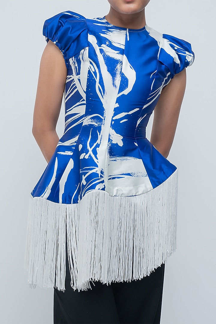 Ivory & Electric Blue Taffeta Brushstroke Printed Asymmetric Top by LEH STUDIOS at Pernia's Pop Up Shop