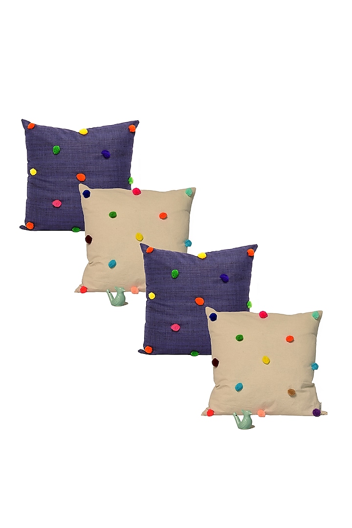 Cream & Blue Cotton Cushion Covers (Set of 4) by LEHER at Pernia's Pop Up Shop