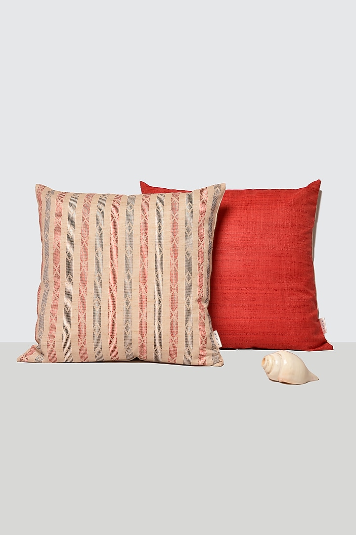 Cream & Red Cotton Printed Cushion Covers (Set of 5) by LEHER at Pernia's Pop Up Shop