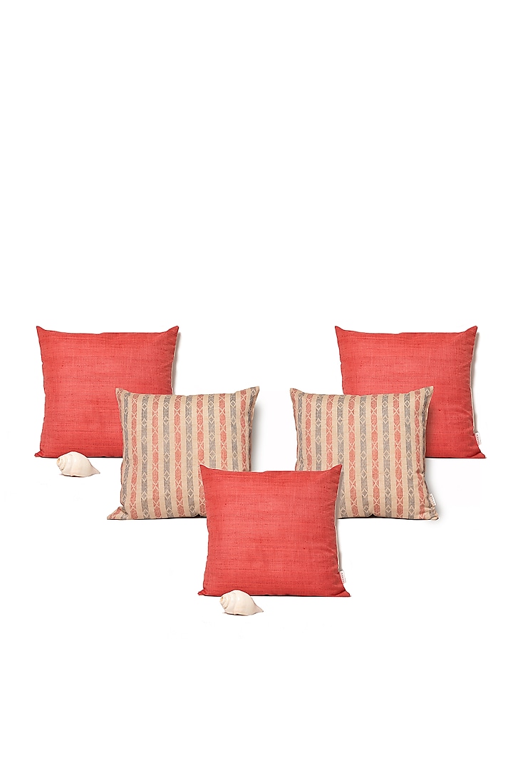 Cream & Red Cotton Printed Cushion Covers (Set of 5) by LEHER