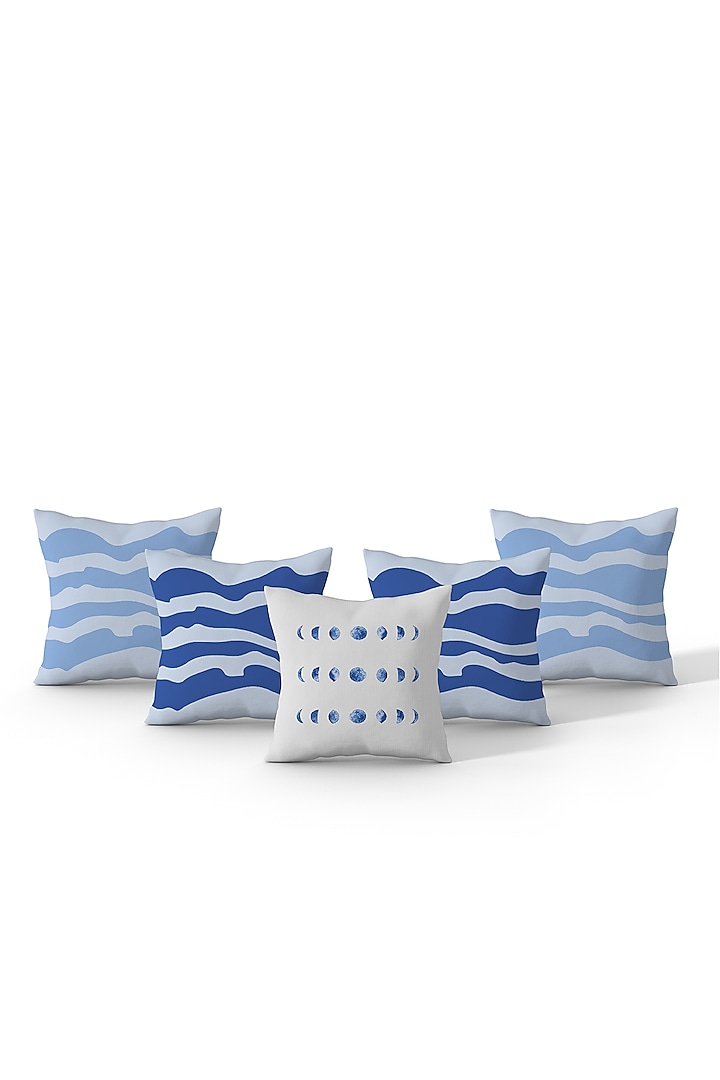 Ocean Blue & White Cotton Printed Cushion Covers (Set of 5) by LEHER